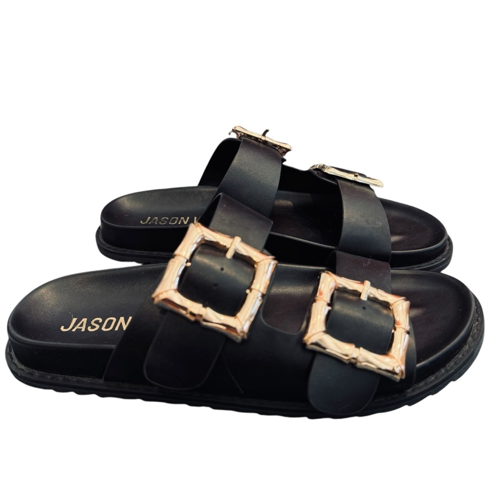 Jason Wu Black & Gold Marzan Slide Sandals with Gold Buckles - Picture 13 of 15